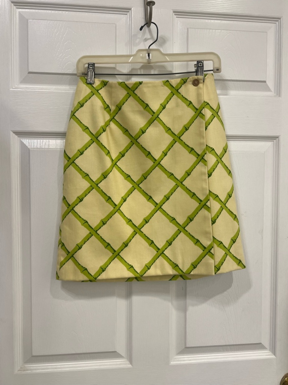 J. McLaughlin yellow  Mini wrap Skirt with Green Lattice Print